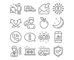 Set of Recruitment, Truck transport and Music making icons. Smartphone statistics, Third party and Information signs. Intersection arrows, Strategy and Open mail. Recruitment vector