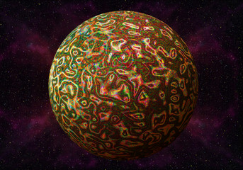 A beautiful magic sphere with a pattern of waves. Fantasy planet in the middle of starry space. Technologies of fractal graphics.