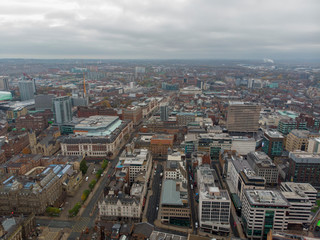 Fototapeta na wymiar Leeds town centre aerial photo taken on a partly cloudy day.