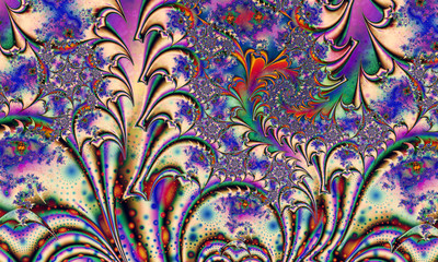 Abstract floral pattern. Glass flowers. Bright colors and sparkling texture. Digital artwork. Fractal graphics.