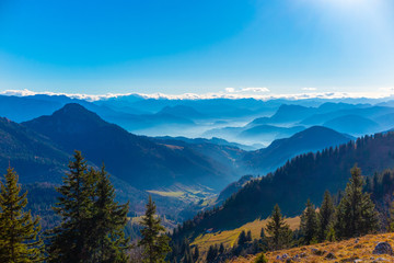 Mountain, fog clouds and silhouettes (blue)