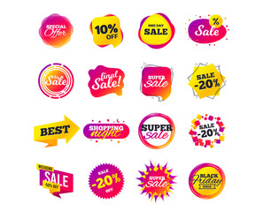 Sale banner templates design. Special offer tags. Cyber monday sale discounts. Black friday shopping icons. Best ultimate offer. Super shopping discount icons. Vector