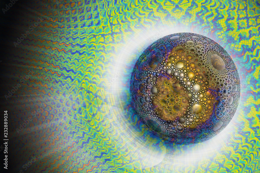 Poster a beautiful magic sphere with a spherical pattern. technologies of fractal graphics. shiny wavy back