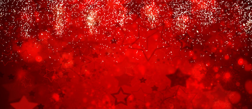 Christmas Yellow Lights On Bokeh Defocused Christmas Red Banner Background