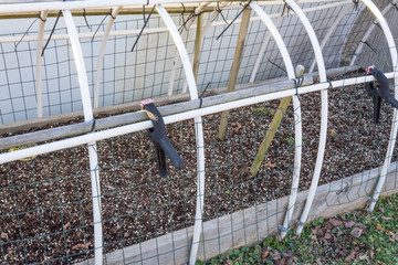 Homemade cold frame with PVC pipe, wire, and zip ties, horizontal aspect