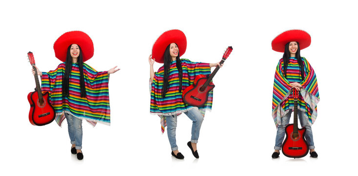 Woman mexican guitar player on white