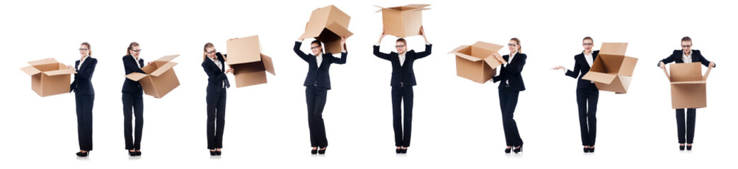 Woman businesswoman with boxes on white