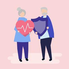 Senior couple holding health insurance icons