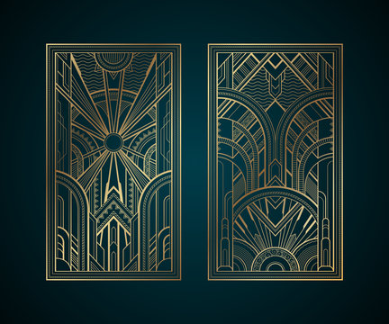 Gold art deco panels on dark turquoise background