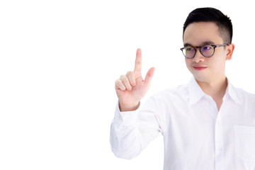 Smart young business man in formal white shirt pointing his finger in the air.