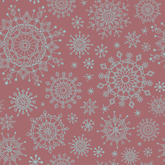 Winter christmas seamless pattern with snowflakes on burgundy background