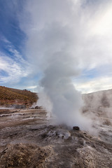 El Tatio Geysers at Atacama desert, amazing thermal waters at 4500 masl inside the Andes a place with an awe geothermal activity below the ground. Volcanic activity at Atacama , Chile