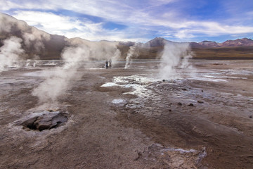 El Tatio Geysers at Atacama desert, amazing thermal waters at 4500 masl inside the Andes a place with an awe geothermal activity below the ground. Volcanic activity at Atacama , Chile