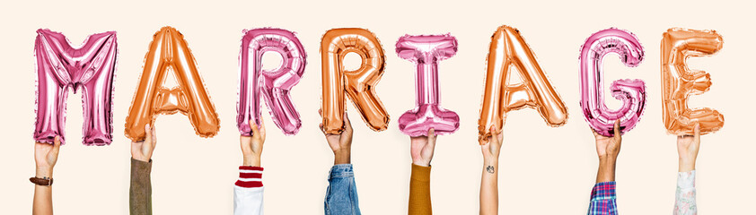 Colorful alphabet balloons forming the word marriage