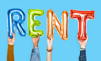 Colorful alphabet balloons forming the word rent