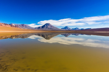 Amazing volcanoes reflections above the Lejia Lagoon waters at 4,500 masl inside the Atacama Desert just an amazing adventure and experience in this awe travel destination to this remote location
 - obrazy, fototapety, plakaty