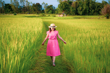 Naklejka na ściany i meble Portrait of beautiful Asian girl in vintage dress walking in the rice field.
