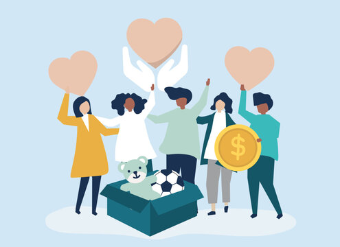 People volunteering and donating money and items  to a charitable cause