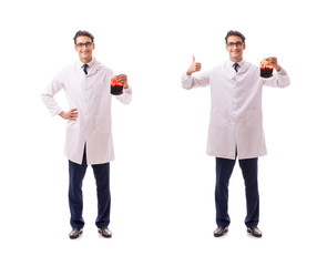Doctor in blood donation concept isolated on white