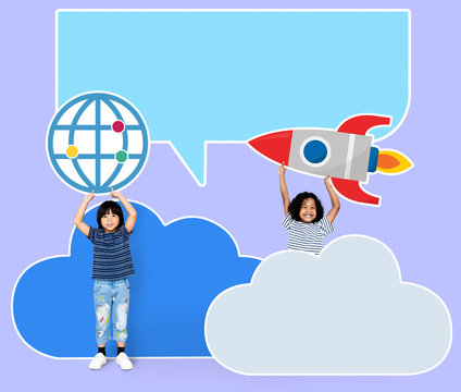 Cheerful kids holding technology icons