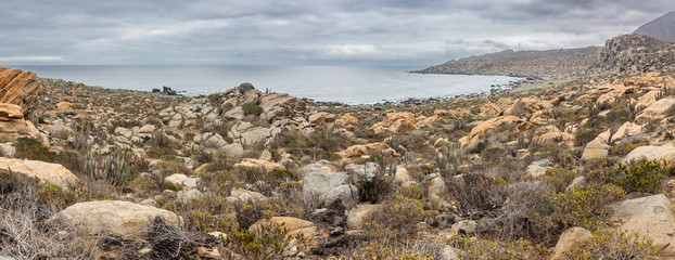 Totoralillo beach at Coquimbo region in north Chile at Atacama Desert is an amazing beach perfect for surf or rock climbing on its numerous rock boulders close to the Pacific Ocean with amazing views