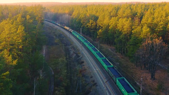 Freight train carrying coal and petroleum products rides through the autumn forest at sunset. Aerial following shot