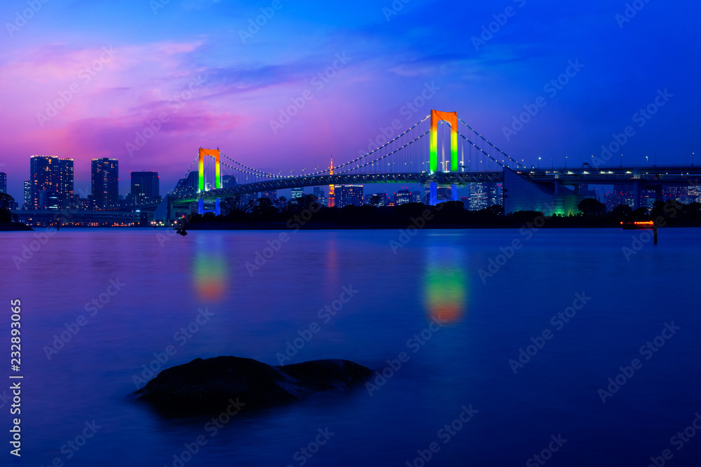 Sticker colorful illuminations at rainbow bridge from odaiba in tokyo, japan