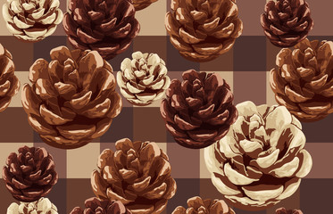 Vintage seamless autumn pattern background with pine cones. Botanical wallpaper, raster illustration in super High resolution.