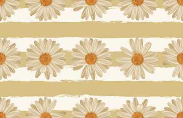 Vintage seamless autumn pattern background with daisies. Botanical wallpaper, raster illustration in super High resolution.