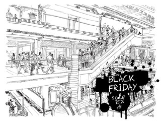 Black Friday sale discount banner. Hand drawing of people shopping in the large mall or giant store. Flyer with paint splashes and ink stain. Crowd of shoppers hurry to buy. Vector.
