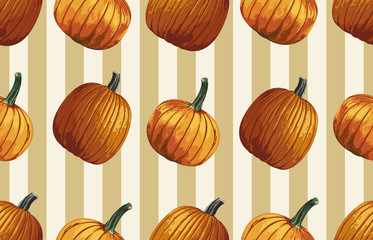 Vintage seamless autumn pattern background with pumpkins. Botanical wallpaper, raster illustration in super High resolution.