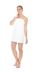 Full length portrait of young pretty woman with towel on white background