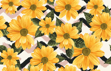 Printable seamless vintage repeat pattern background with yellow chrysanthemum flowers. Botanical wallpaper, raster illustration in super High resolution.