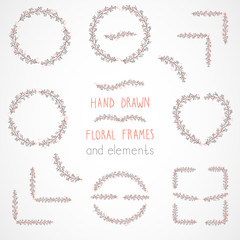 Vector set of floral hand drawn frames and decorative elements.