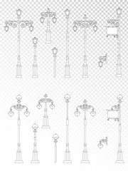 Vector set of street lights on transparent background. Collection in flat style. Monochrome.