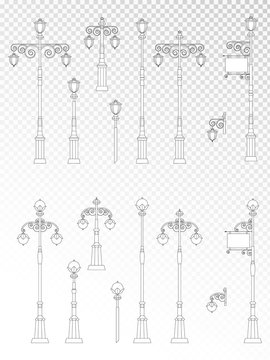 Vector set of street lights on transparent background. Collection in flat style. Monochrome.
