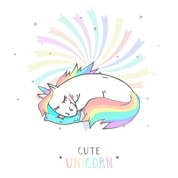 Vector illustration of hand drawn sleeping unicorn with stars and text  - CUTE UNICORN on withe background. For print, t-shits, greeting cards, poster, children room decoration.