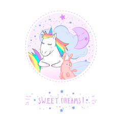 Vector sticker or icon with hand drawn cute unicorn, bunny toy and text - SWEET DREAMS! On withe background. For your design. Cartoon style. Colored.
