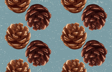 Printable seamless vintage autumn repeat pattern background with pine cone. Botanical wallpaper, raster illustration in super High resolution.