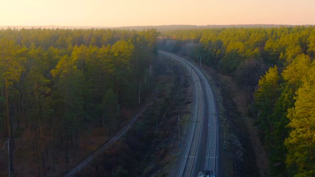 Aerial shot of a slow-moving freight train carrying wood traveling through the autumn forest at sunset
