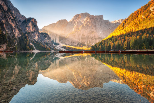 Beautiful Braies lake at sunrise in autumn in Dolomites, Italy. Landscape with mountains, gold sunlight, water with reflection, trees with orange leaves in fall. Travel in italian alps. Dolomiti