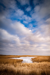 field and blue sky over the lake in Minnesota