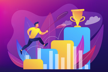Businessman jumps on graph columns on way to success. Positive thinking and success achievement, self-confidence concept on ultraviolet background. Bright vibrant violet vector isolated illustration