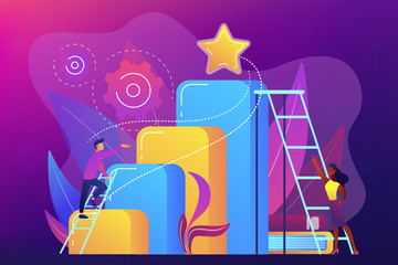 Businessman and woman climb ladder. Business and career ambition, career aspirations and plans, personal growth concept on ultraviolet background. Bright vibrant violet vector isolated illustration
