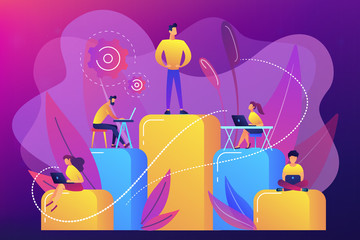Businessmen work with laptops on graph columns. Business hierarchy, hierarchical organization, levels of hierarchy concept on ultraviolet background. Bright vibrant violet vector isolated illustration - obrazy, fototapety, plakaty