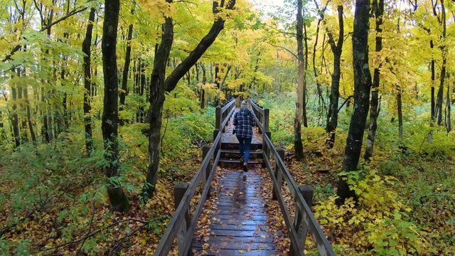 Fall hiking on wood bridge