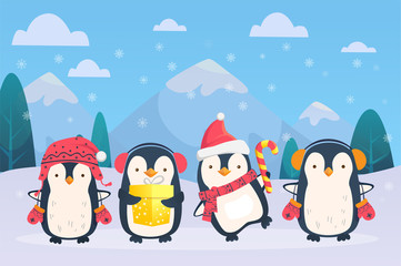 christmas penguins on snowy background