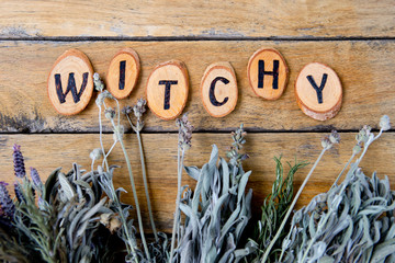 Natural Witch - rustic dried herb bundles with the word Witchy burnt letters