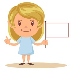 Girl holding blank flag. Stock flat vector illustration.