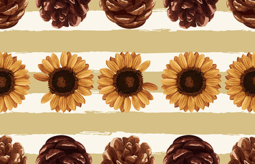 Printable seamless vintage autumn repeat pattern background with pine cones and sunflowers. Botanical wallpaper, raster illustration in super High resolution.